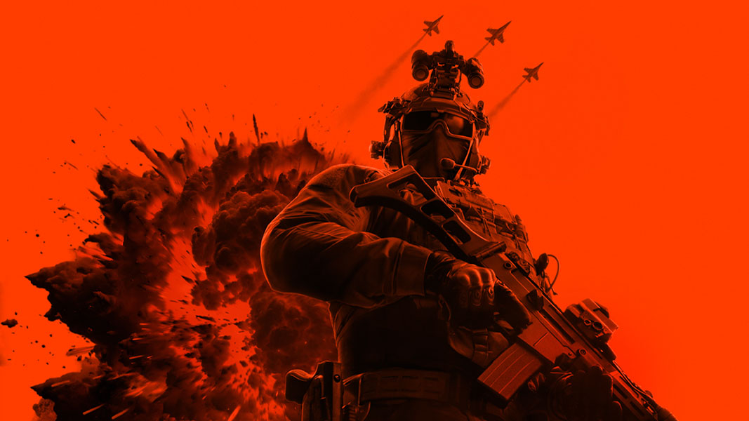 Battlefield 6, an armed soldier against a red background looks downward with an explosion behind him and aircraft flying overhead