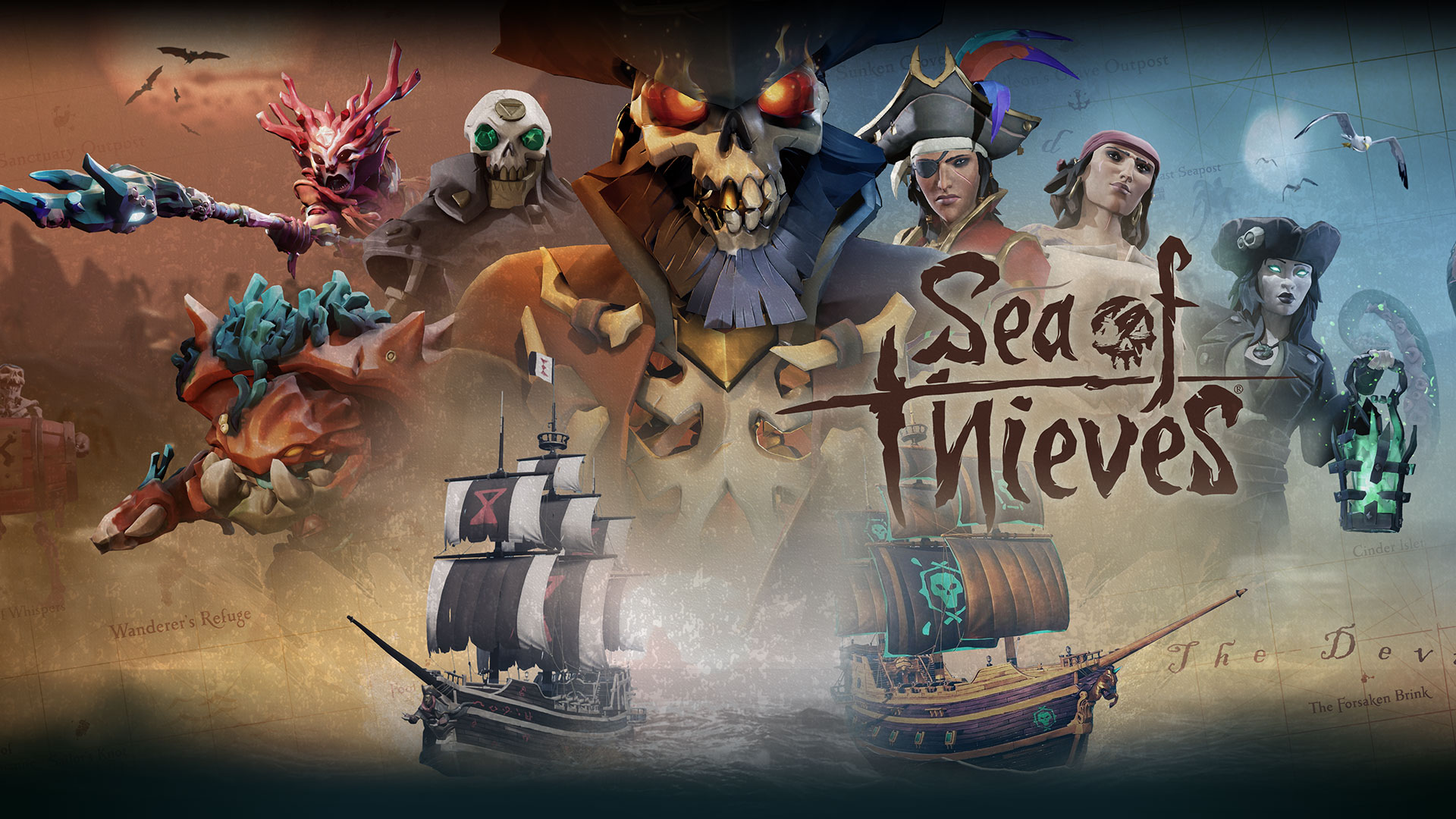 Sea of Thieves, Captain Flameheart, surrounded by other Sea of Thieves characters, shadows over two ships sailing.
