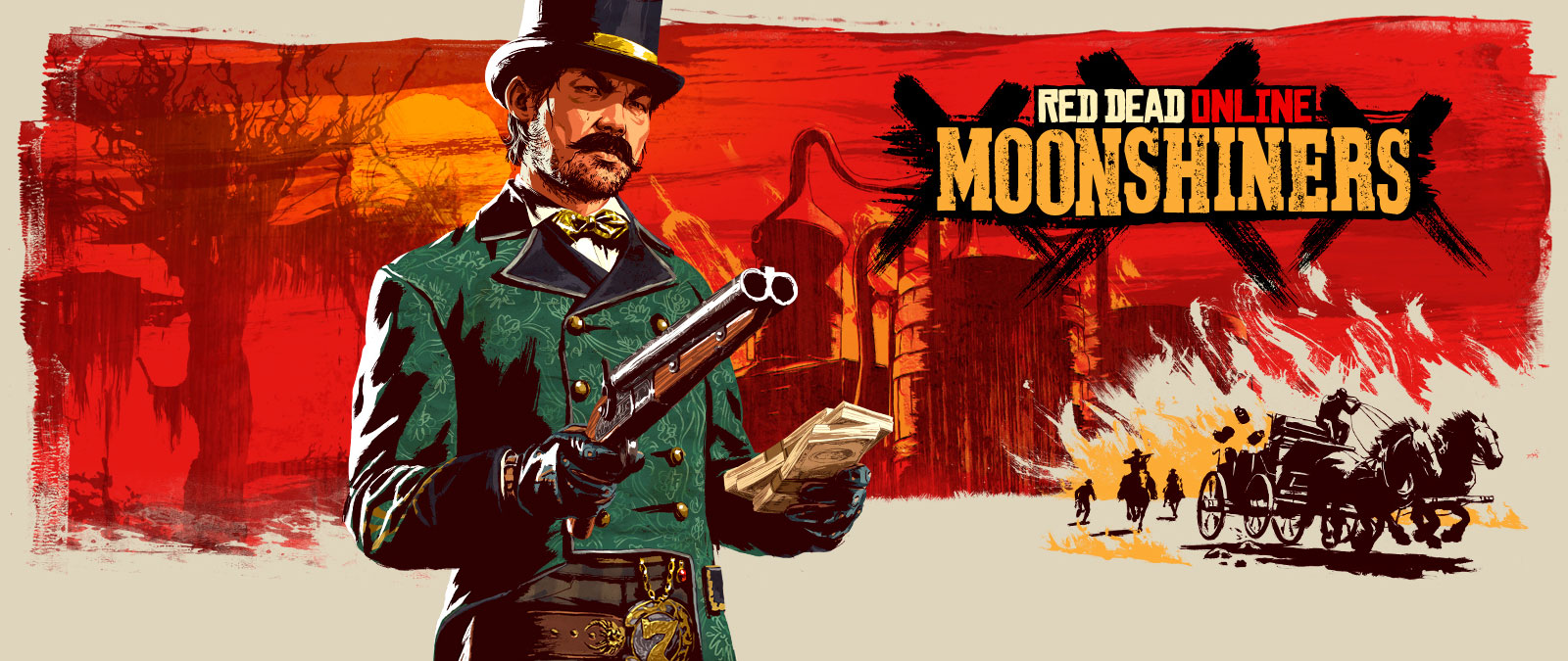 Red Dead Online, Moonshiners, Um homem de aparência sinistra segura em uma arma e uma pilha de dinheiro, um fundo estilístico de uma moonshiner e uma perseguição de vagão. 