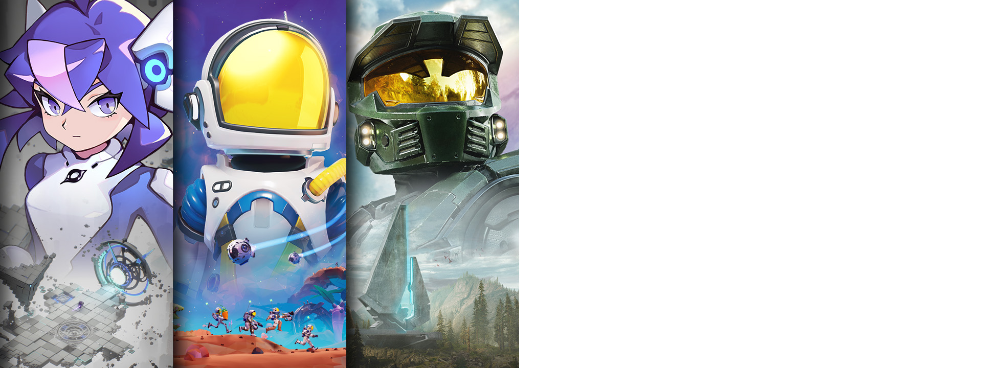 Game art from three titles arriving day one on Game Pass including Ascend to ZERO, STARSEEKER: Astroneer Expeditions, and Halo: Campaign Evolved.