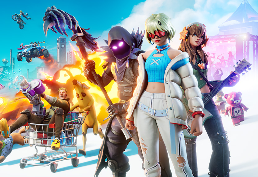 Tre personaggi di Fortnite in piedi di fronte al palco di un concerto, un'esplosione e altri personaggi che corrono sullo sfondo. 