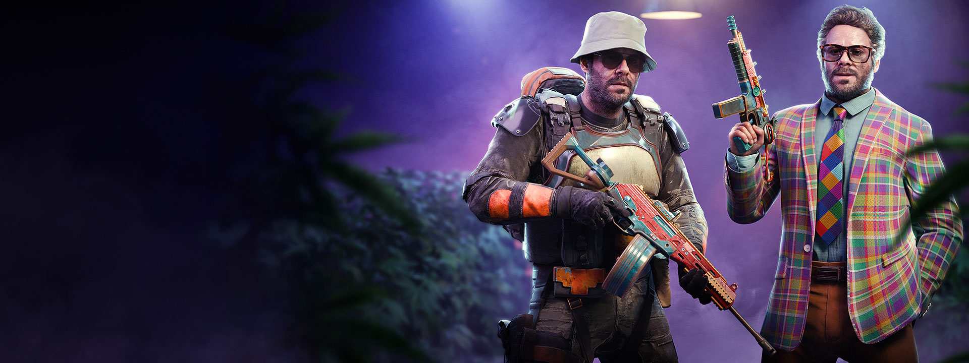 A skin of Seth Rogen wearing a colorful suit next to another skin of him in military gear.