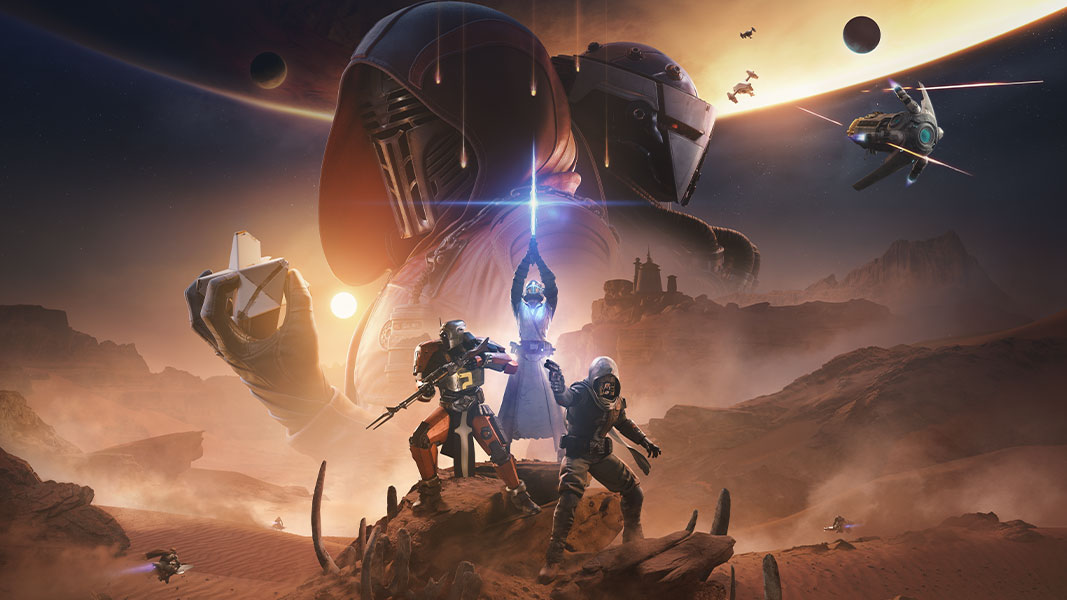 A group of Star Wars inspired characters standing in a desolate wasteland with a lightsaber and other weapons with a large collage of enemies in the background