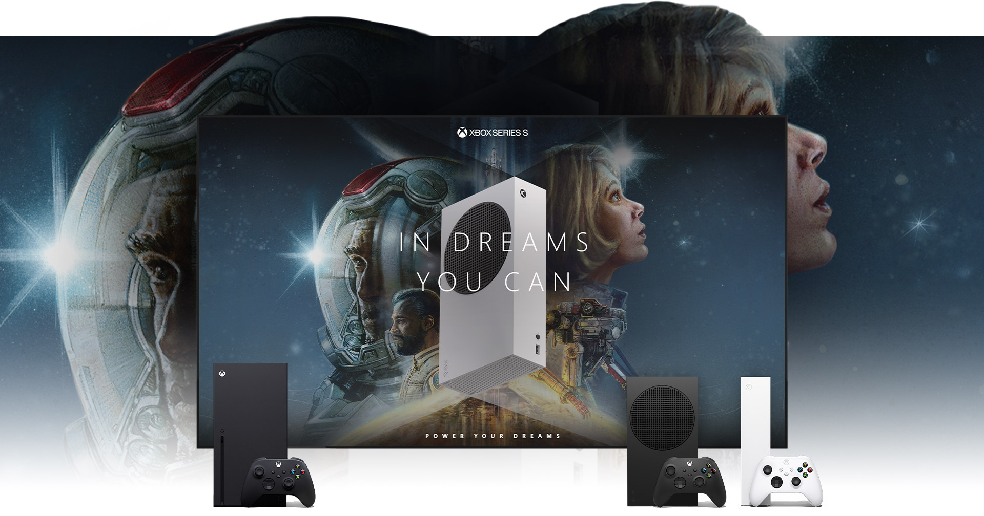 Xbox Series X|S 放在显示“为梦想注入力量”《星空》壁纸的电视旁边