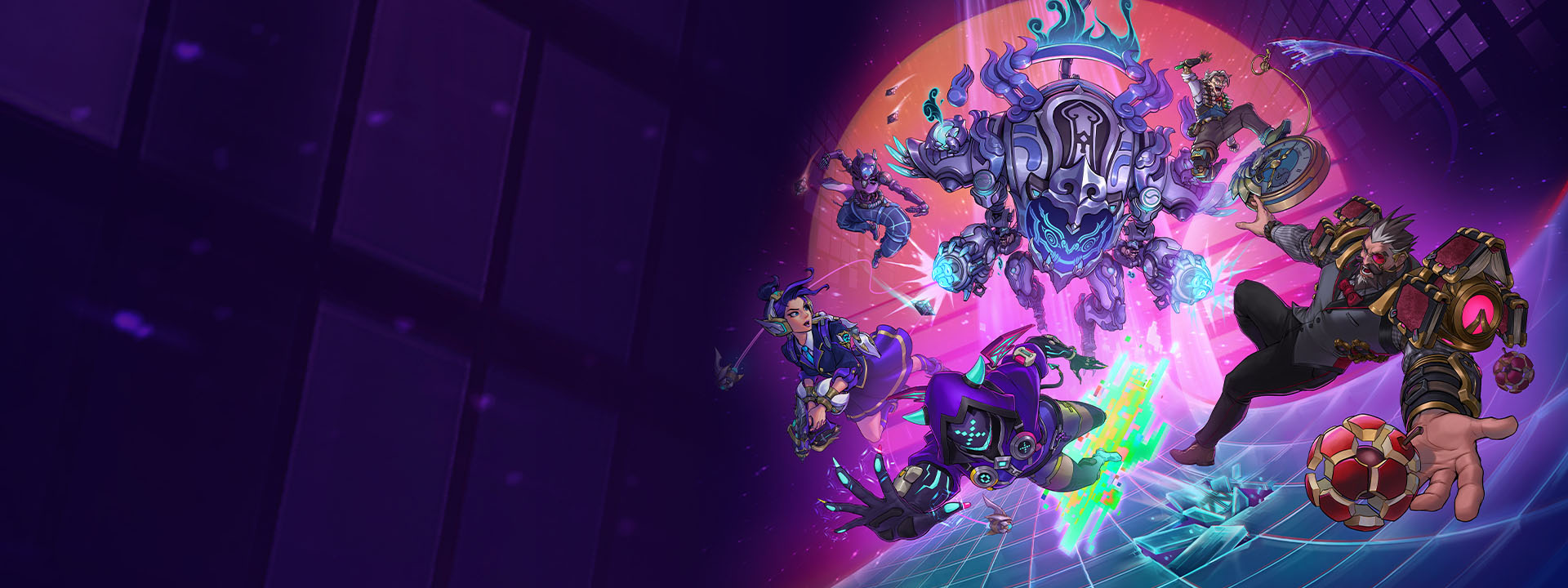 In a colorful cyberspace, a group of Overwatch characters dive forward.