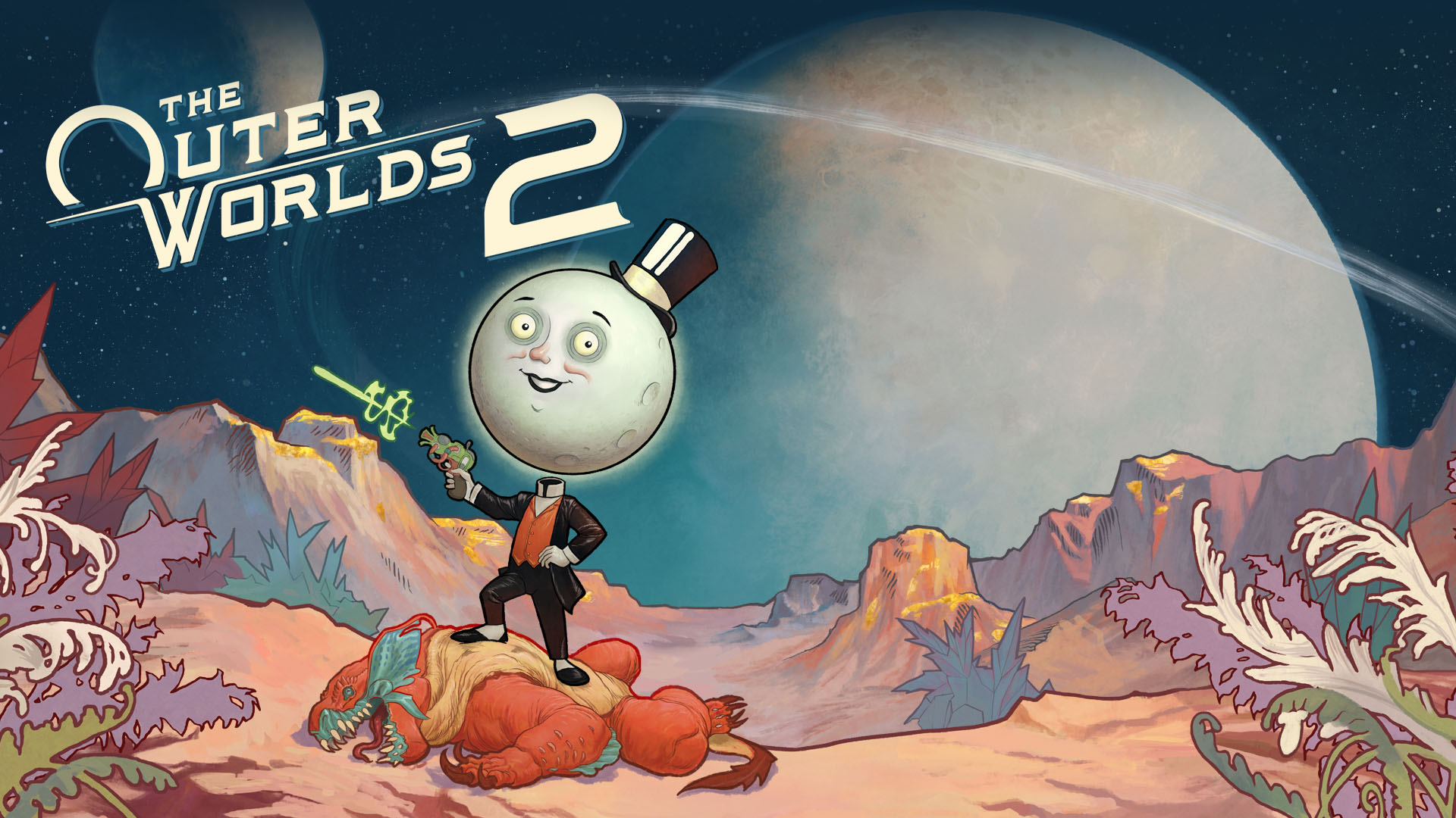 Logo The Outer Worlds 2, L’homme de la lune qui se tient debout sur un monstre en tirant avec un laser et de grandes plantes en orbite à l’arrière-plan.
