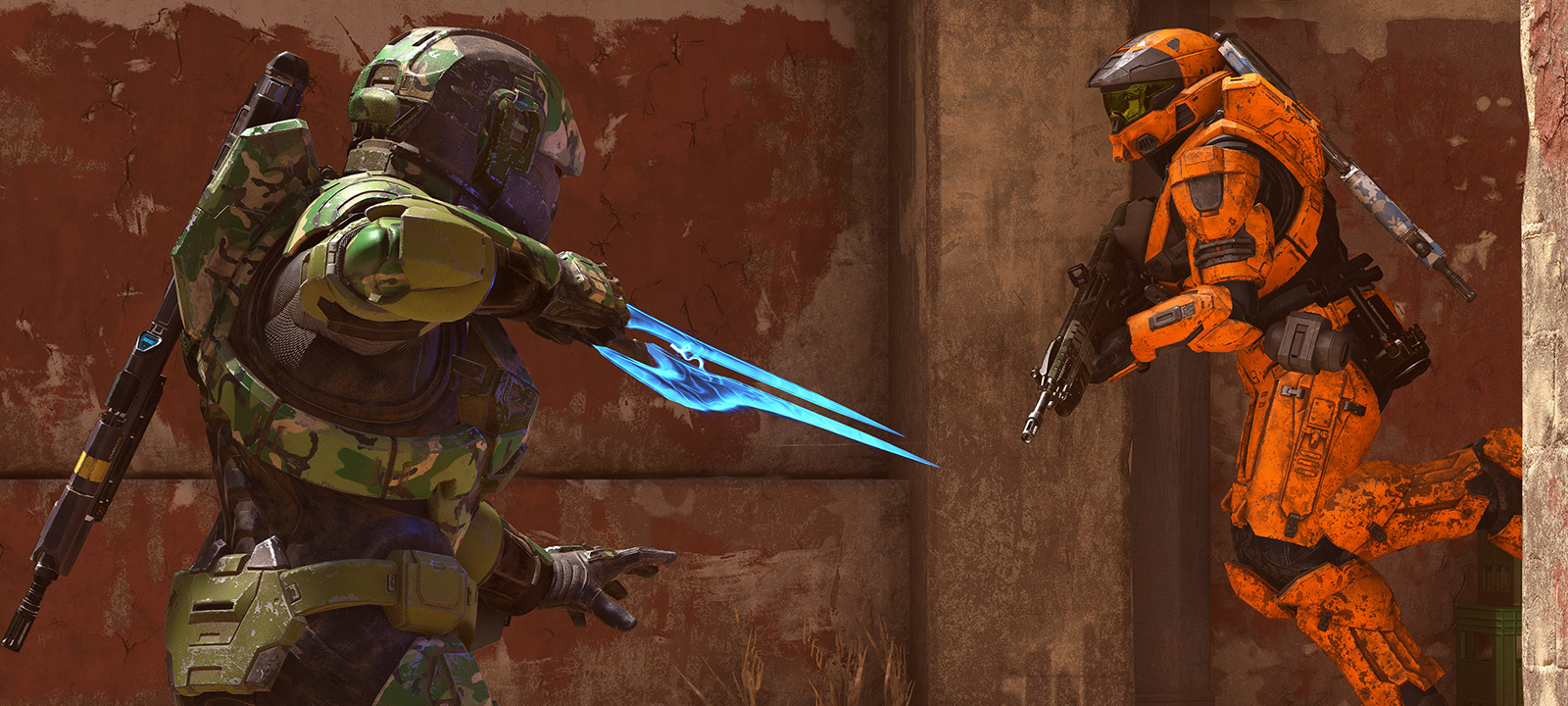 A camouflaged Spartan with a sword stalks another Spartan