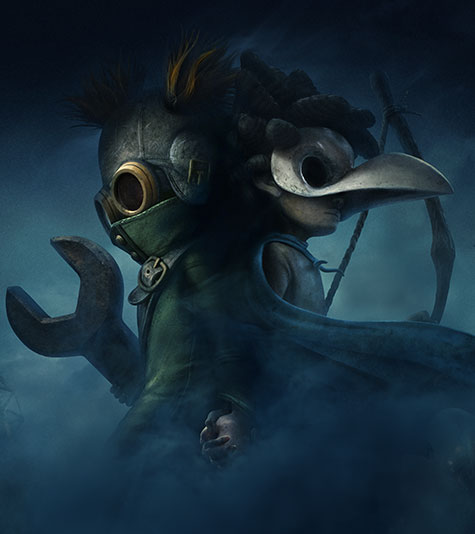 Characters Low and Alone stand back to back in a dark and gloomy scene
