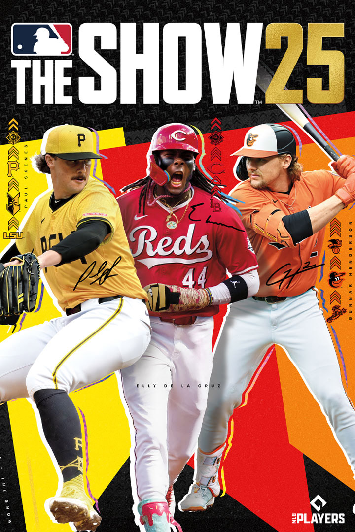 Kolaż pokazujący logo MLB The Show 25, Paula Skenesa, Elly’ego De La Cruza i Gunnara Hendersona na tle kolorowego wzoru w jodełkę.