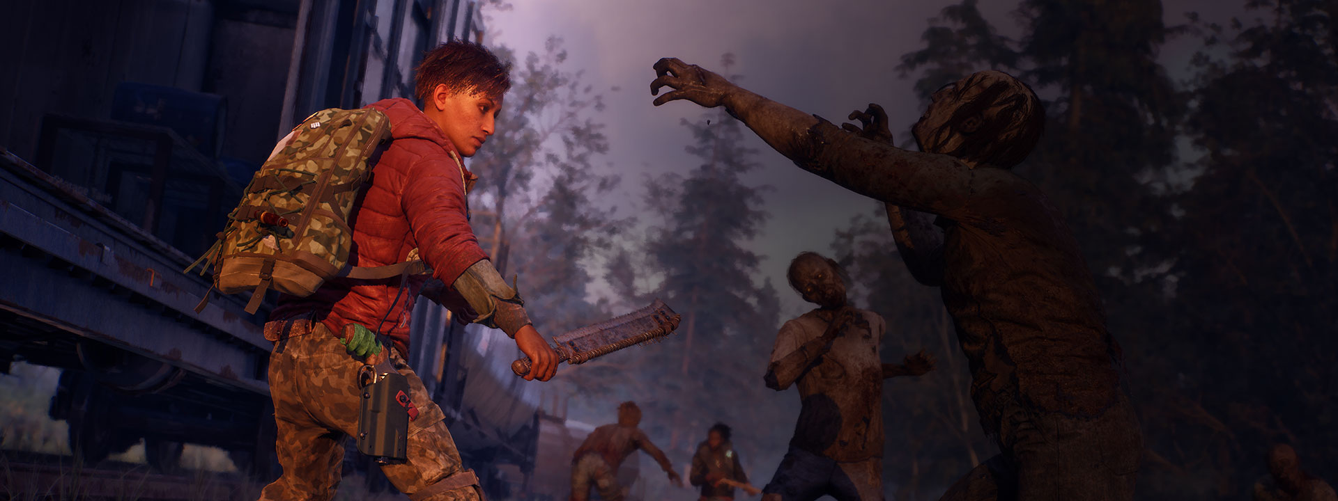 A figure in a red puffer jacket fights off a horde of zombies.