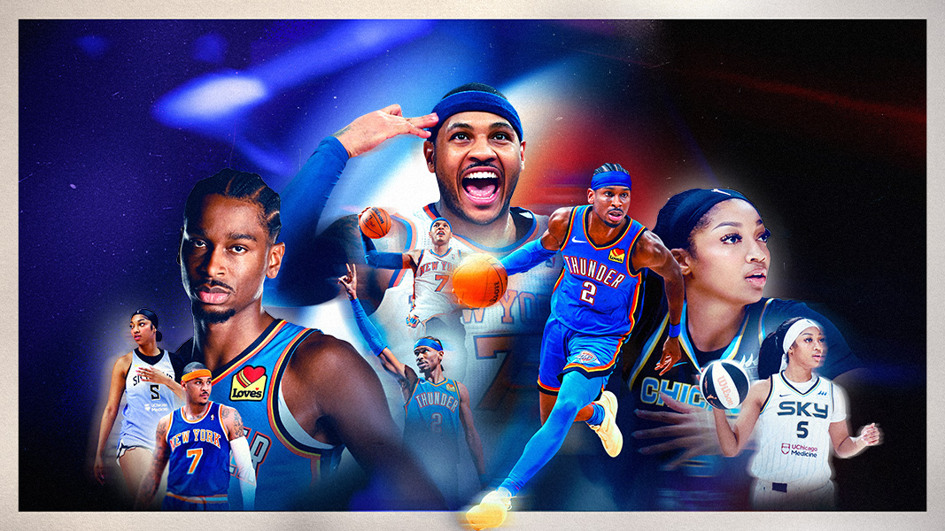 A collage of NBA and WNBA players, from left to right, Shai Gilgeous-Alexander, Carmelo Anthony, and Angel Reese. 