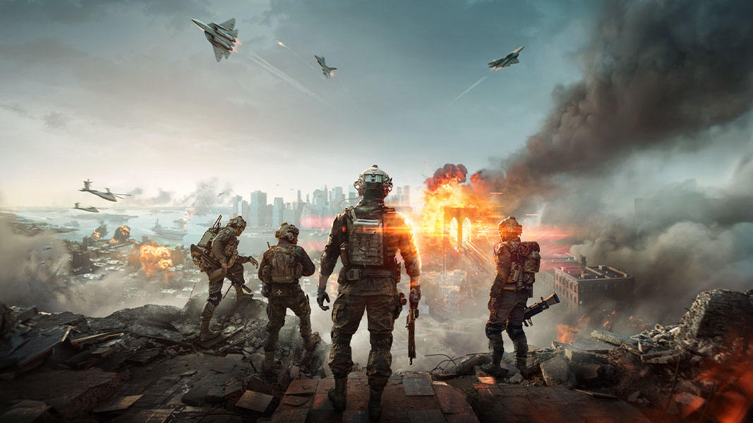 Battlefield 6, soldiers surrounded by heavy smoke overlook a burning city as aircrafts fly overhead.