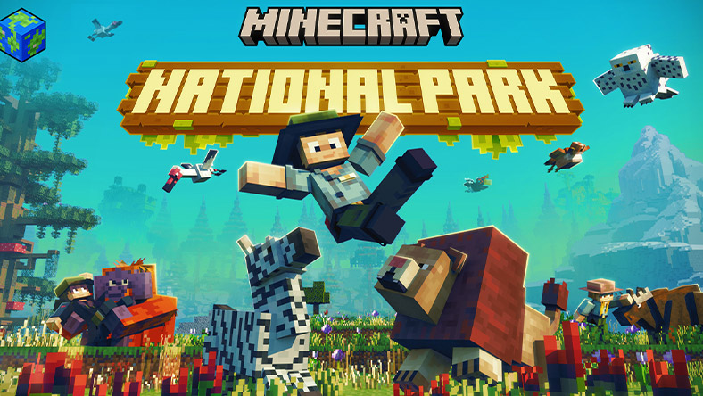 Minecraft National Park logo, a Minecraft character dressed as a ranger jumping in the air next to a lion and a zebra.