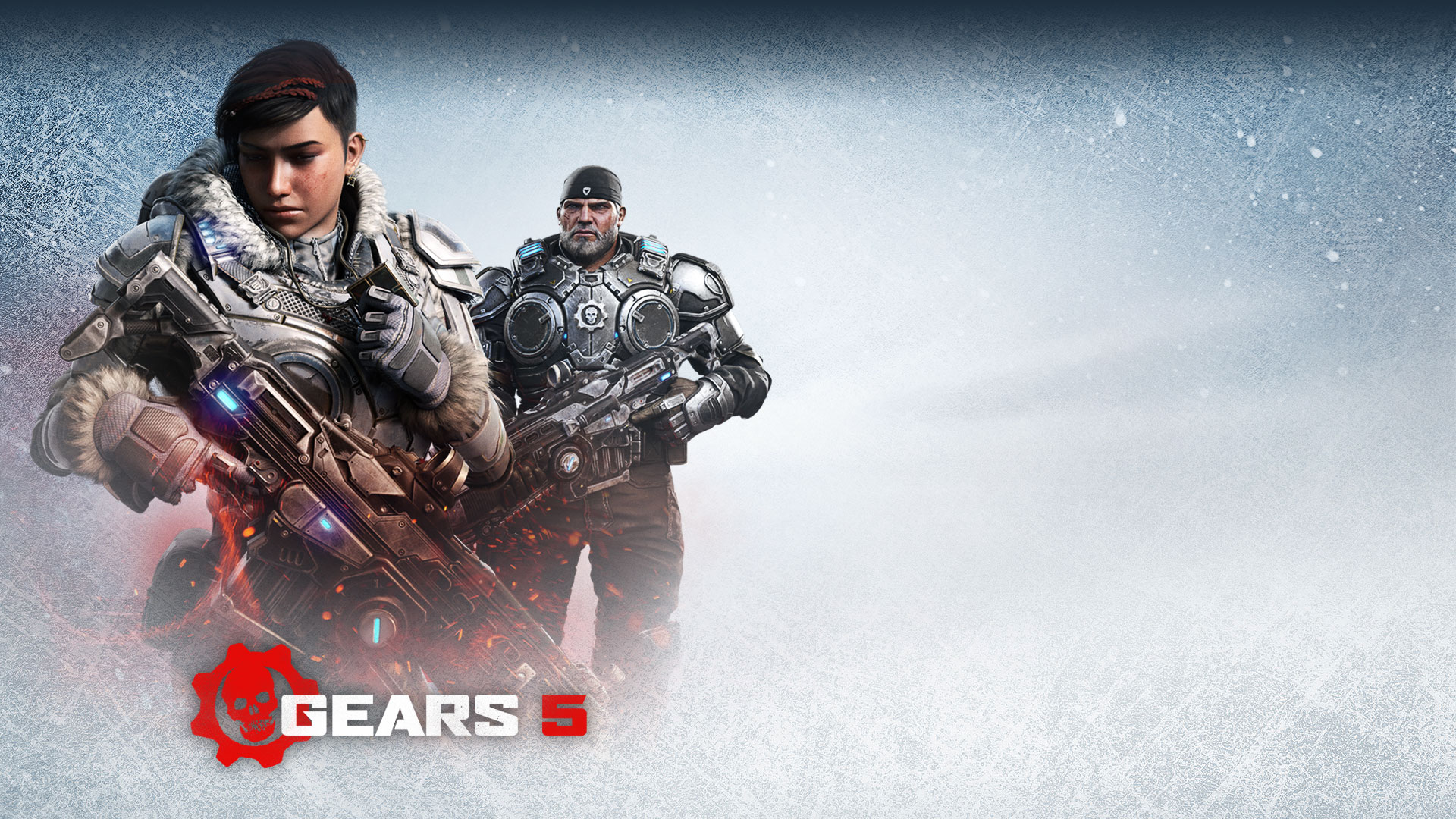 Gears 5 logo, Kait and Marcus hold their weapons in a snowstorm