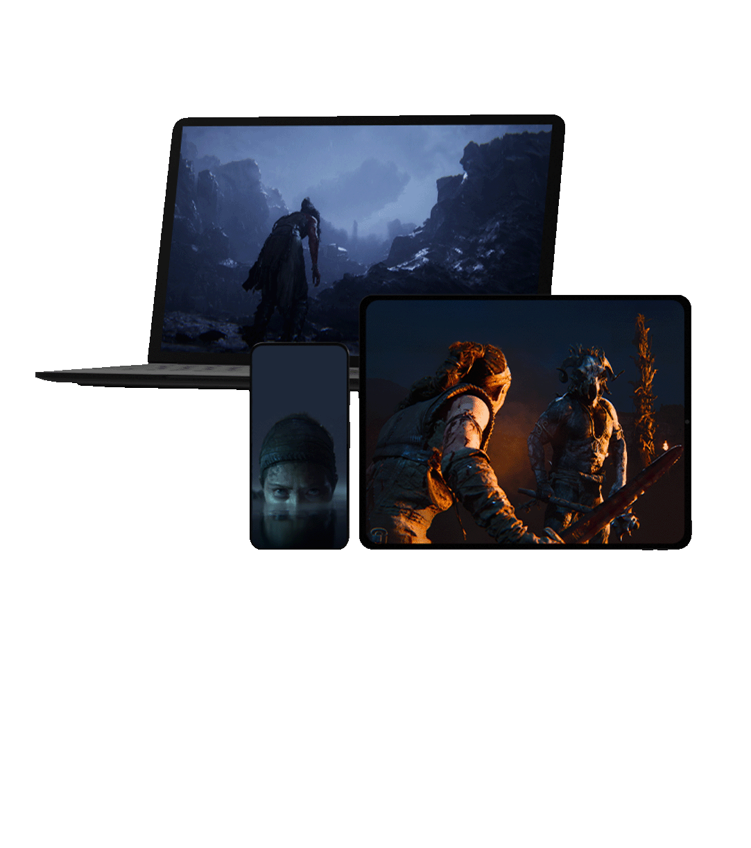 front view of three different monitor screens displaying Senua’s Saga: Hellblade II gameplay