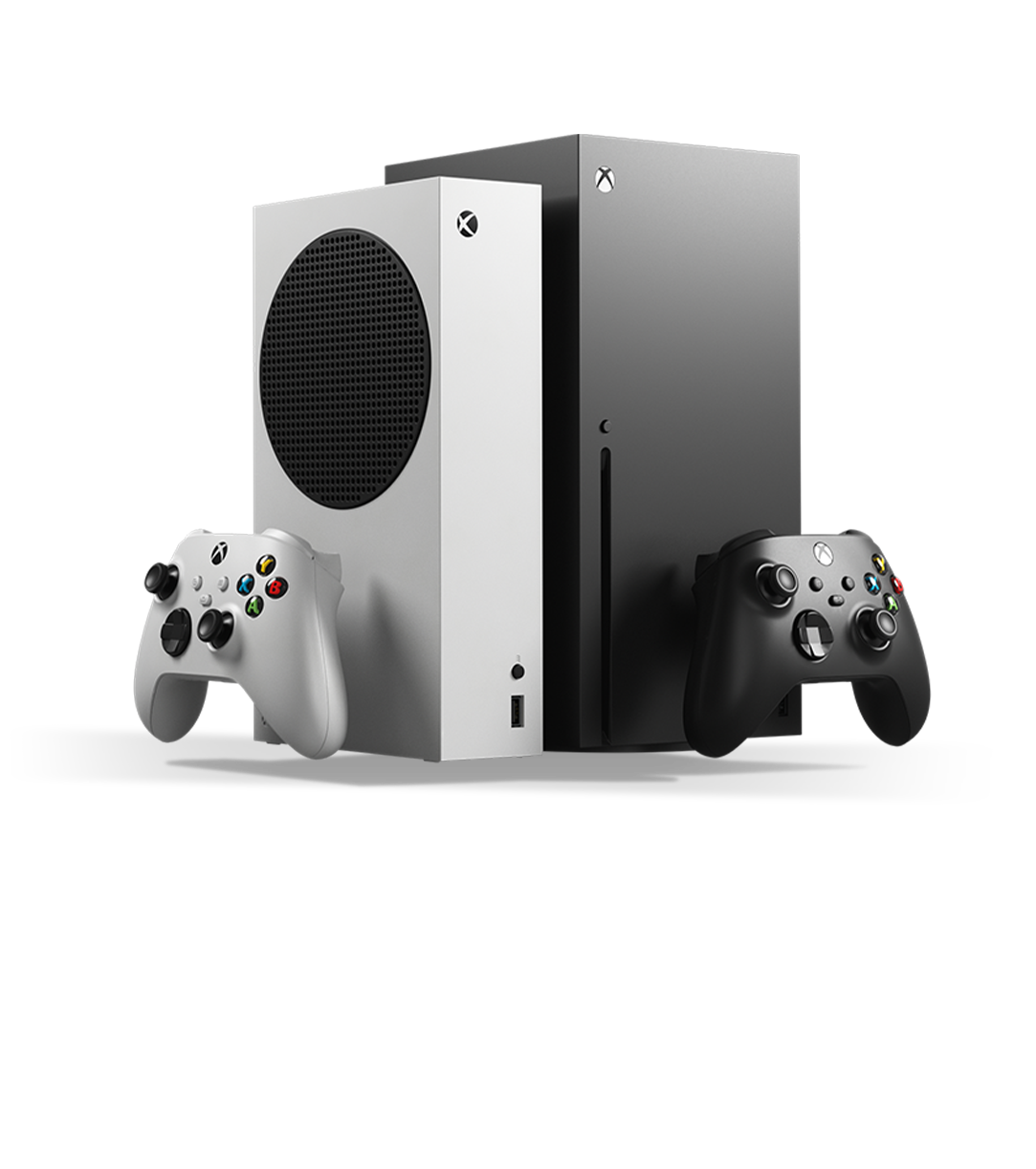 Vorderansicht von 2 Xbox Series X|S-Konsolengeräten
