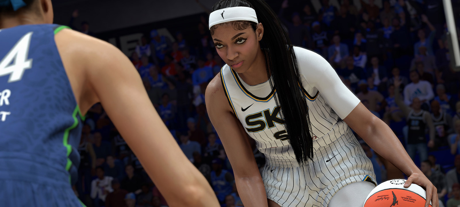 Game version of Angel Reese basketball in hand, wearing a white jersey and headband facing off against another player