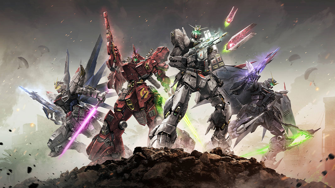 Four Gundams stand on top of a hill in a smokey battlefield 