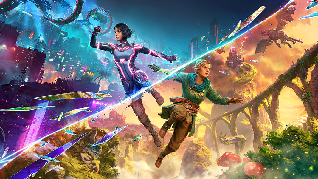 Two women, one with dark hair in a sci-fi suit and one with blonde hair in a fantasy outfit, are floating side-by-side as two virtual sci-fi and fantasy worlds collide.