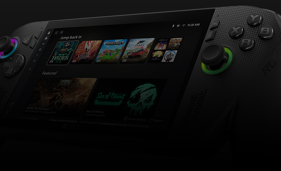 Close-up angle of the display with game library UI on the ROG XBOX Ally X