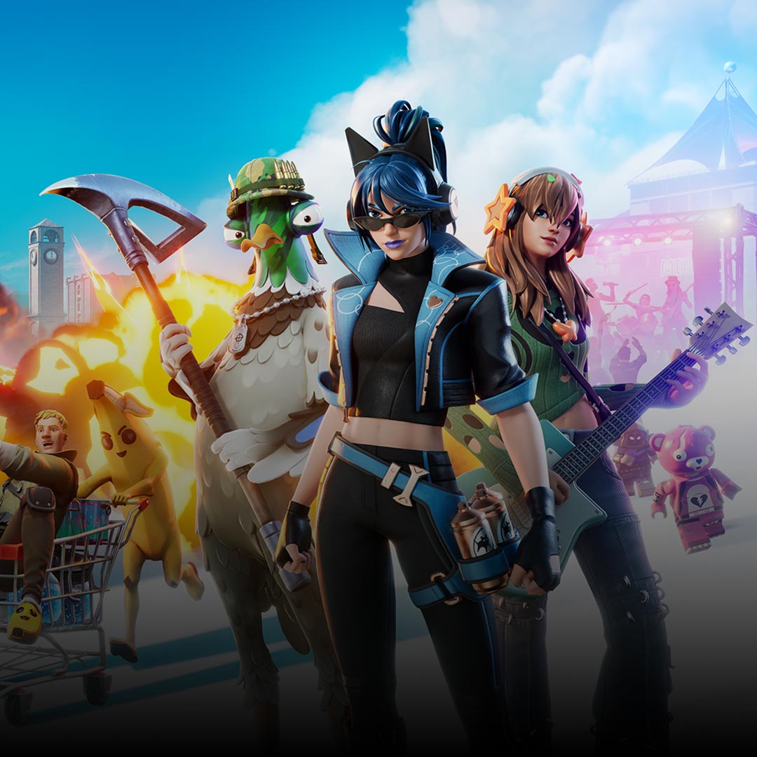 A group of unique Fortnite characters and vehicles, one character is getting pushed in a shopping cart by a banana character, the background is a skyline of different points of interest on the Fortnite map