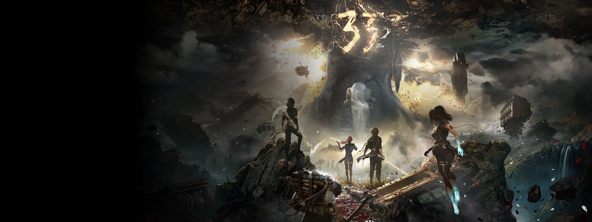 Five Expeditioners holding weapons stand on a stormy cliff before the Paintress underneath the number 33 written in the sky.