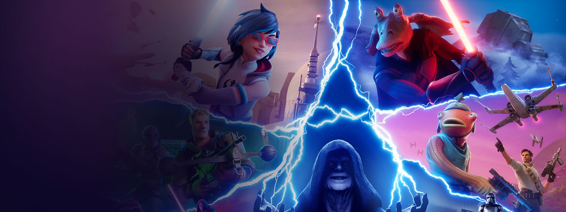 A mashup of Fortnite and Star Wars characters separated by Force Lightning emitting from Palpatine's hands