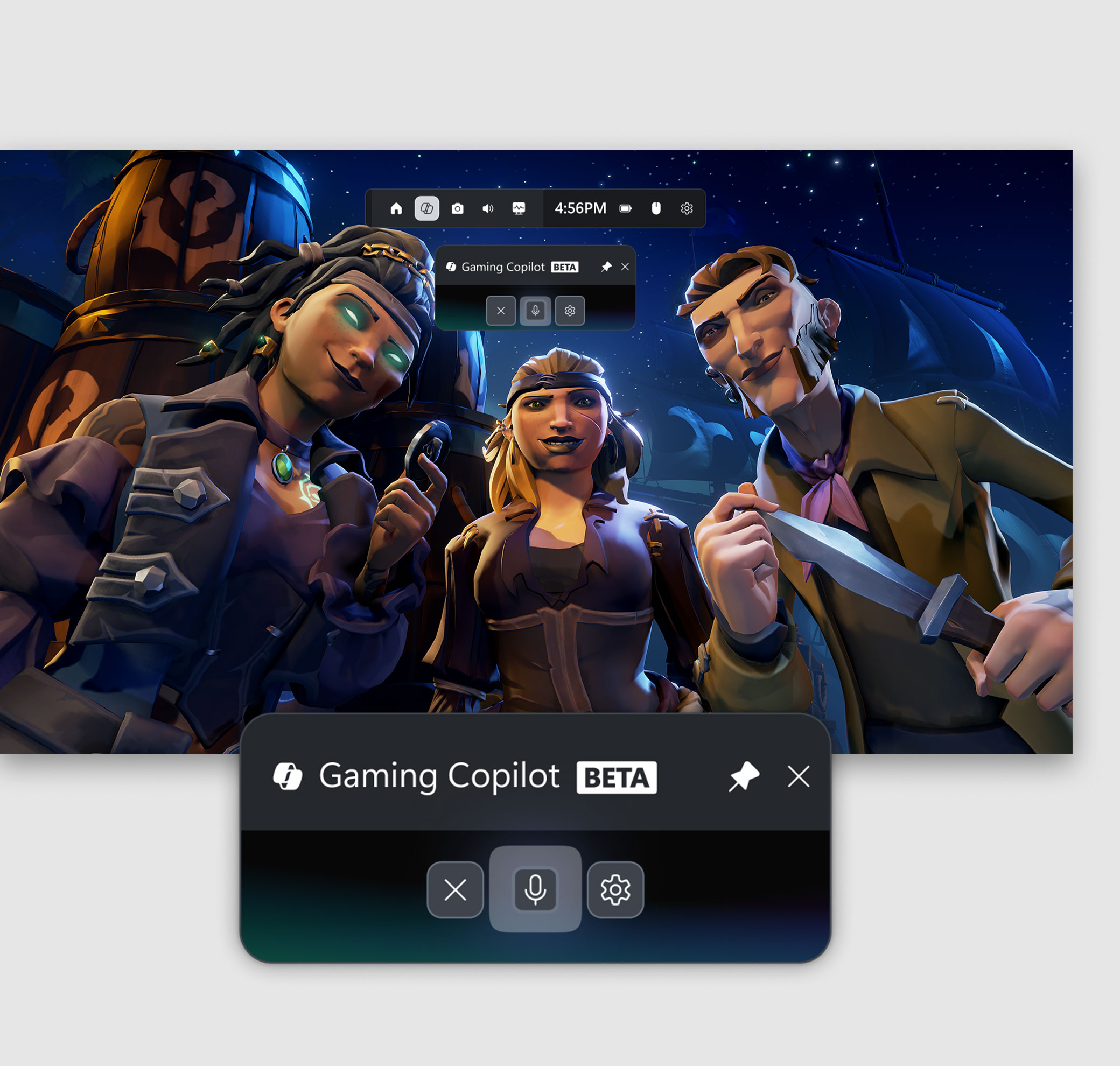 Bir grup korsan ve Sea of ​​Thieves'in önemli görselleri ile Copilot Oyun'u (Beta) gösteren bir PC monitörü Game Bar katmanı. 