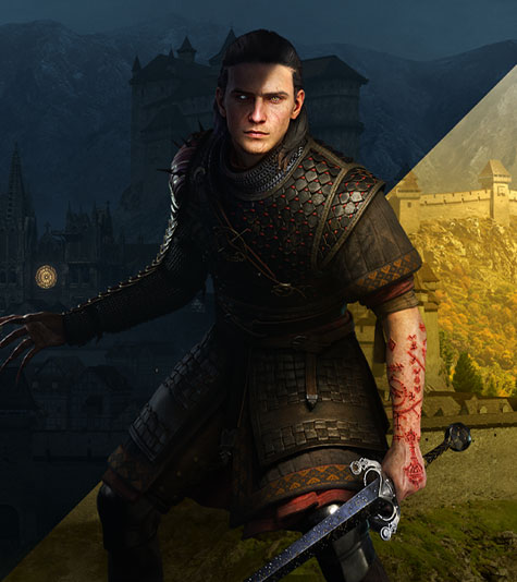 A man stands with a sword, the half of his body covered in shadow has a glowing white eye and claws on his outstretched hand