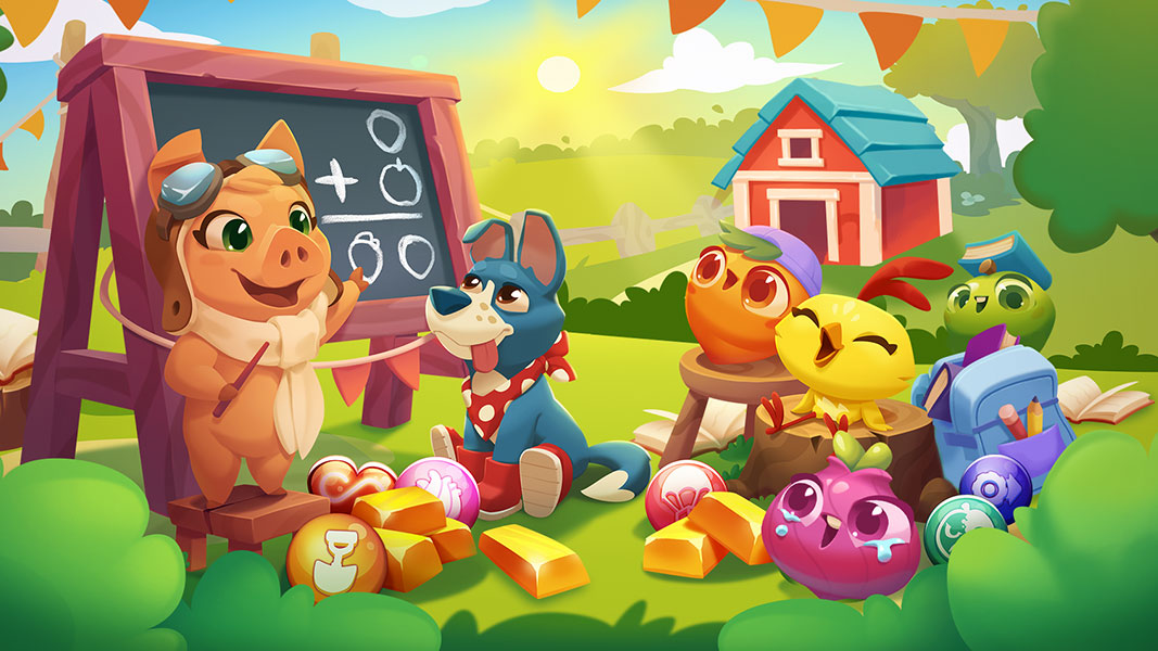 A group of cute farm animals in different outfits sitting in front of a chalkboard on a farm