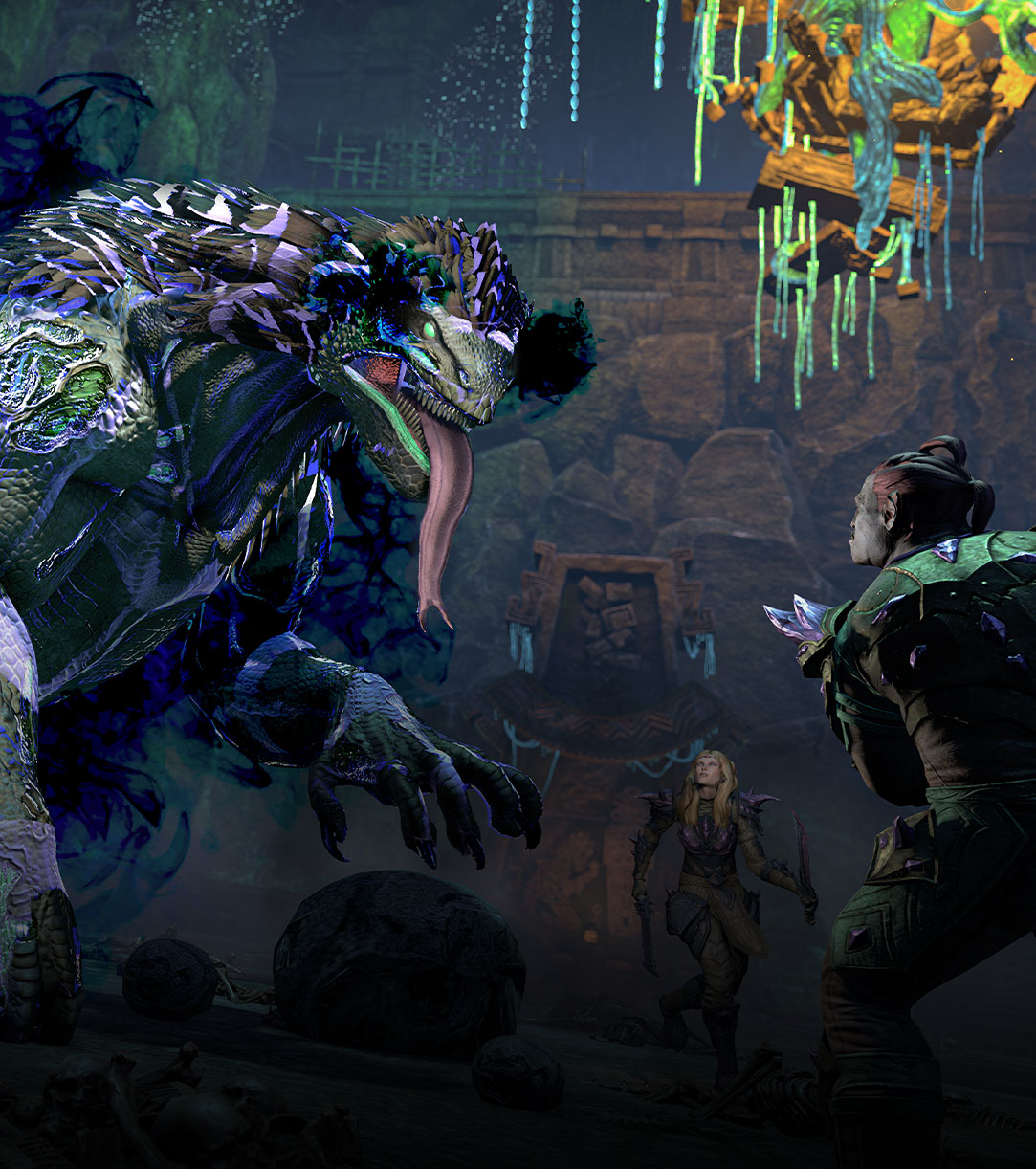 In a dark dungeon, four warriors surround a giant lizard creature with dark blue flames rising from its scales, neon green eyes, and a long pink tongue. 