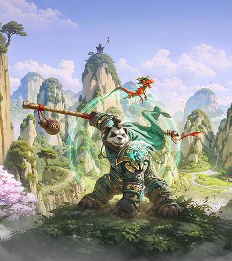 A Pandaren warrior stands ready for battle in the midst of an asian style mountain range