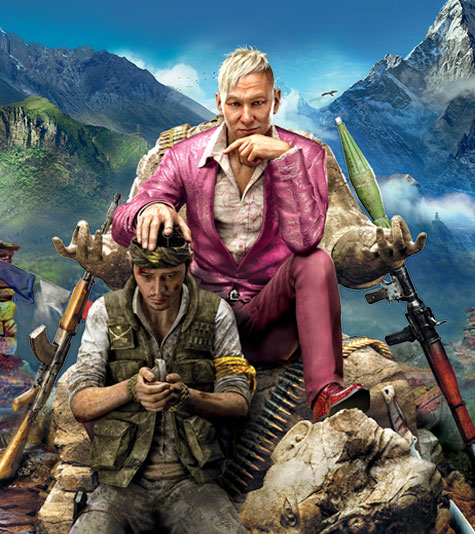 The dictator Pagan Min places a hand on a kneeling soldier as he sits on a throne with Himalayan mountains behind him.