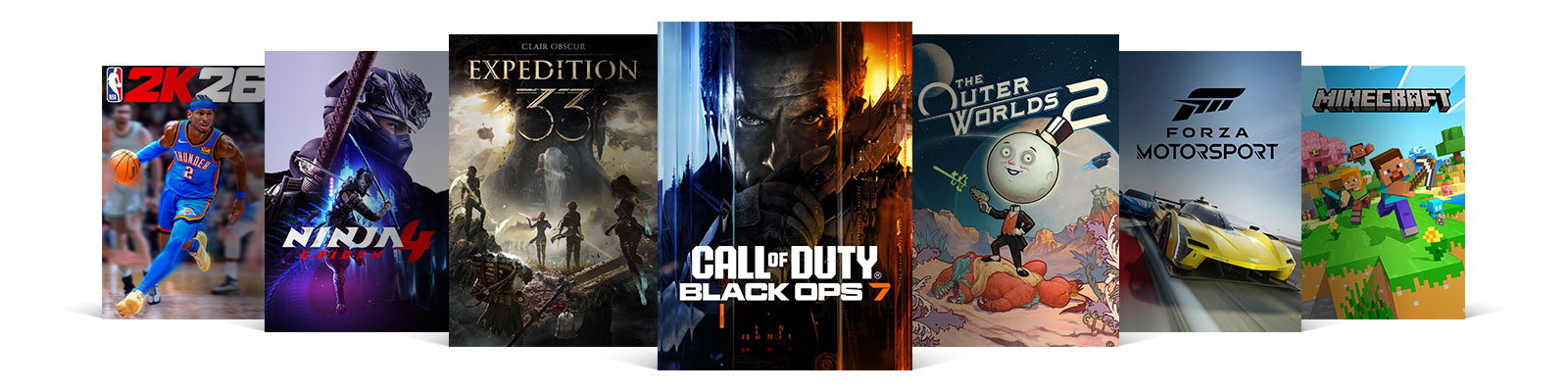 A lineup of game box shots including NBA 2K26, Ninja Gaiden 4, Clair Obscur: Expedition 33, Call of Duty: Black Ops 7, The Outer Worlds 2, Forza Motorsport, and Minecraft.