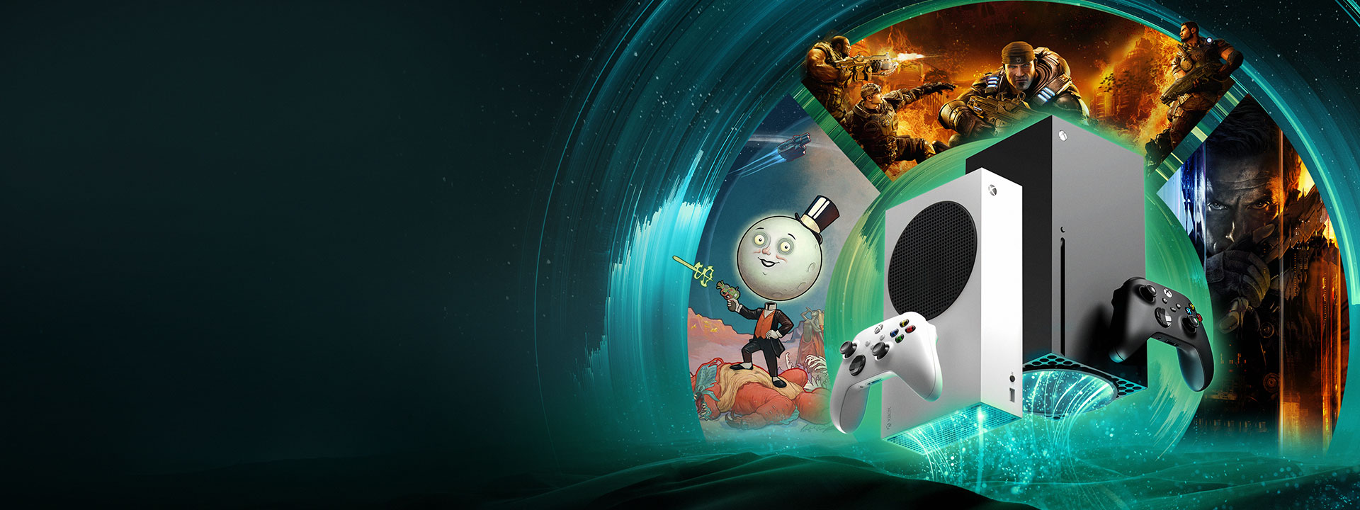 Xbox Series X|S console with three panels of The Outer Worlds 2, Gears of War: Reloaded, Call of Duty: Black Ops 7 key art