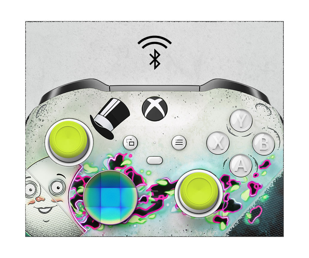 Vue rapprochée centrée de la manette sans fil Xbox Elite Series 2 – The Outer Worlds 2 avec un logo Bluetooth