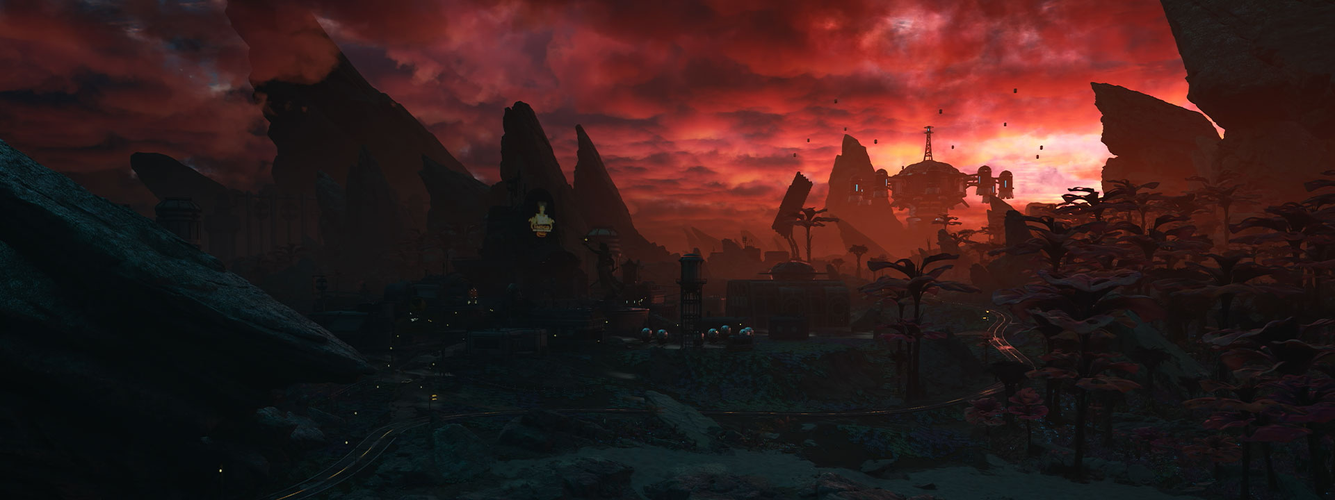 Au coucher du soleil, une ville futuriste est faiblement éclairée à l’orée d’une jungle et de montagnes rocheuses.