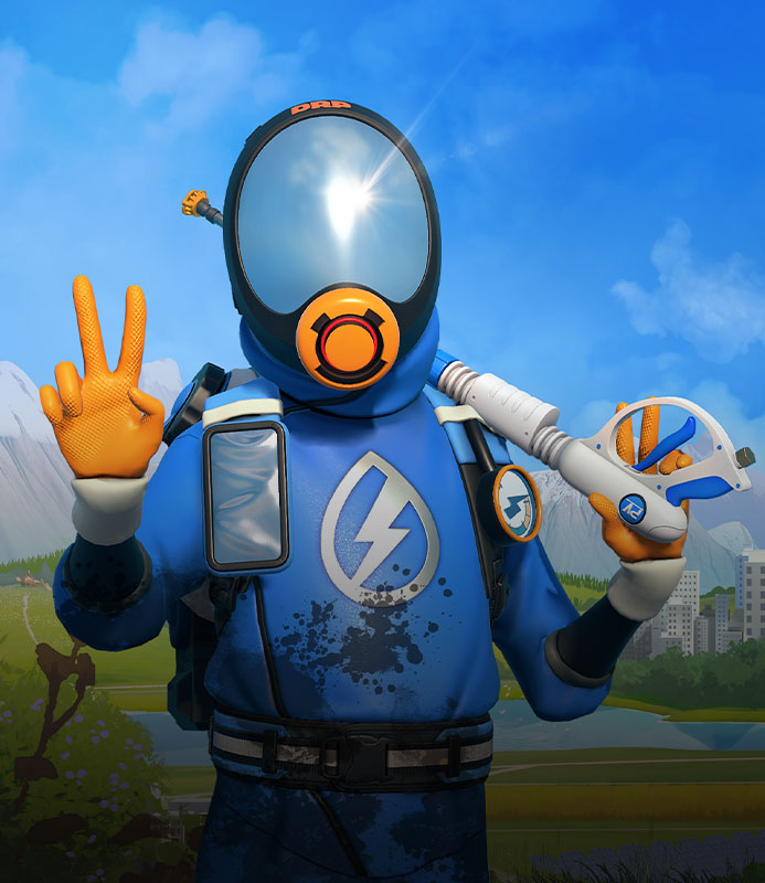 Key art for PowerWash Simulator 2 featuring a character in full power-washing gear with their pressure washer in hand.