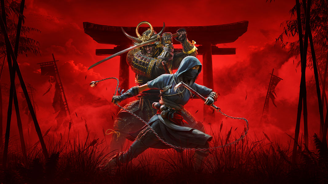 Yasuke and Naoe, standing in front of a Torii surrounded by tattered banners, hold their weapons close.