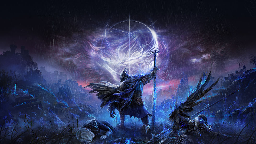 A cloaked figure kneeling in a storm wielding a staff. 