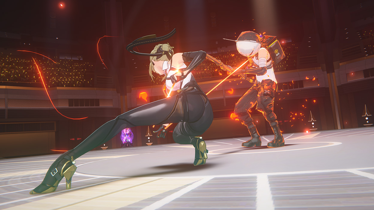 Dois personagens lutam em uma arena, com faíscas vermelhas voando em volta