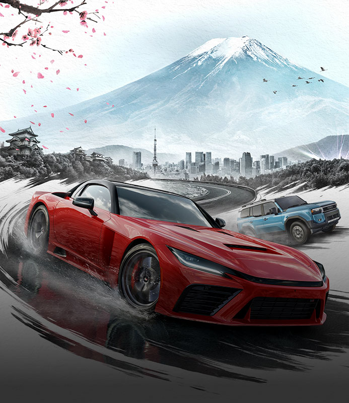 Key art for Forza Horizon 6 showing a sports car racing along a scenic road, kicking up dust as it speeds through a vibrant, open-world landscape with dramatic lighting, distant mountains, and a festival atmosphere in the background.