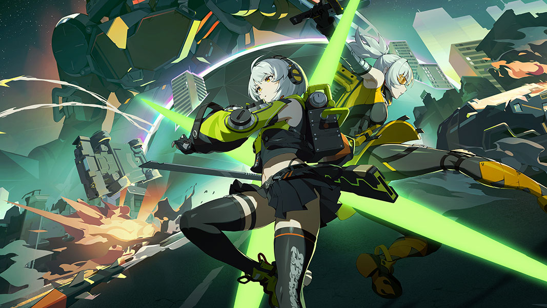 Two main characters mid-battle, with giant mecha towering over a cityscape