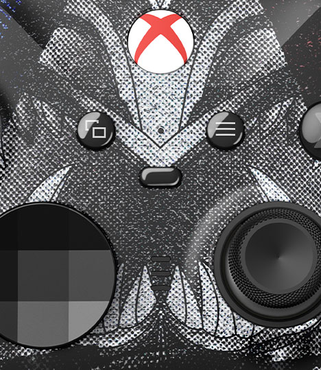 Yksityiskohtainen näkymä langattoman Xbox Elite Series 2 – NINJA GAIDEN 4 -ohjaimen keskiosasta