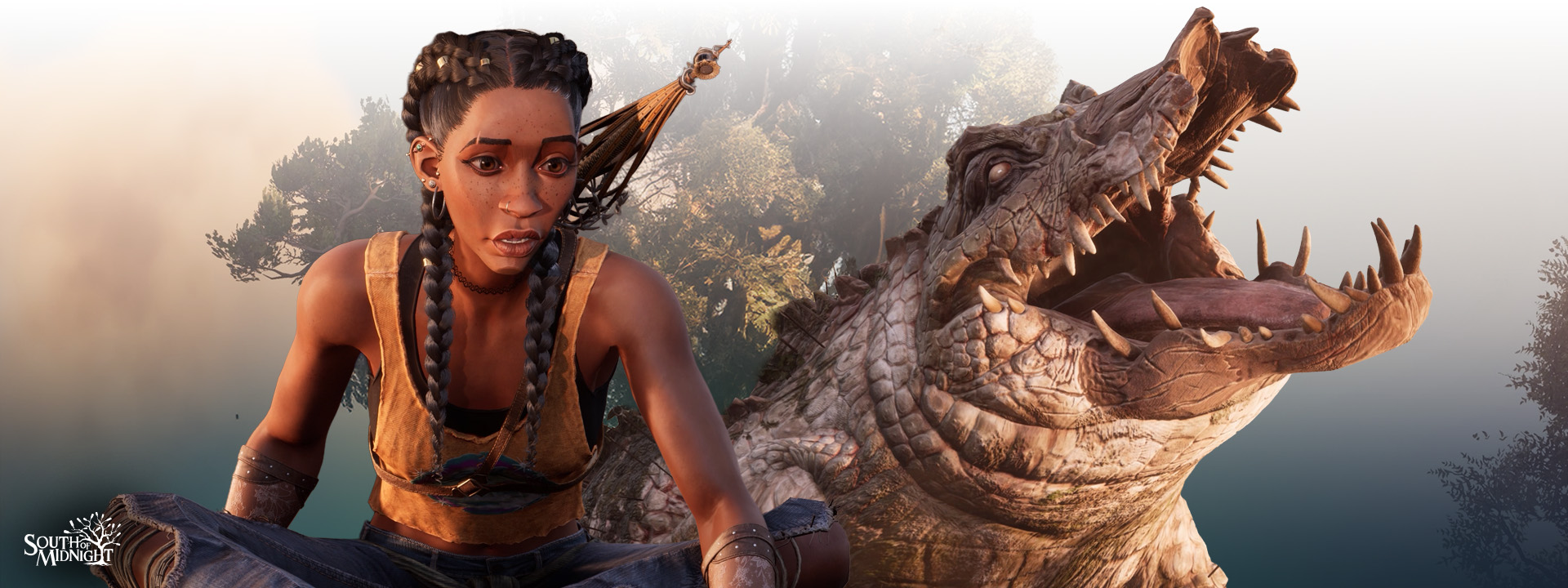 South of Midnight logo, Hazel sitting next to a monstrous crocodile.