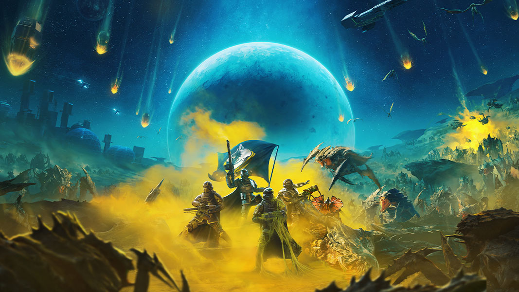 Four Helldivers fighting off a group of monsters with guns and flamethrowers. 
