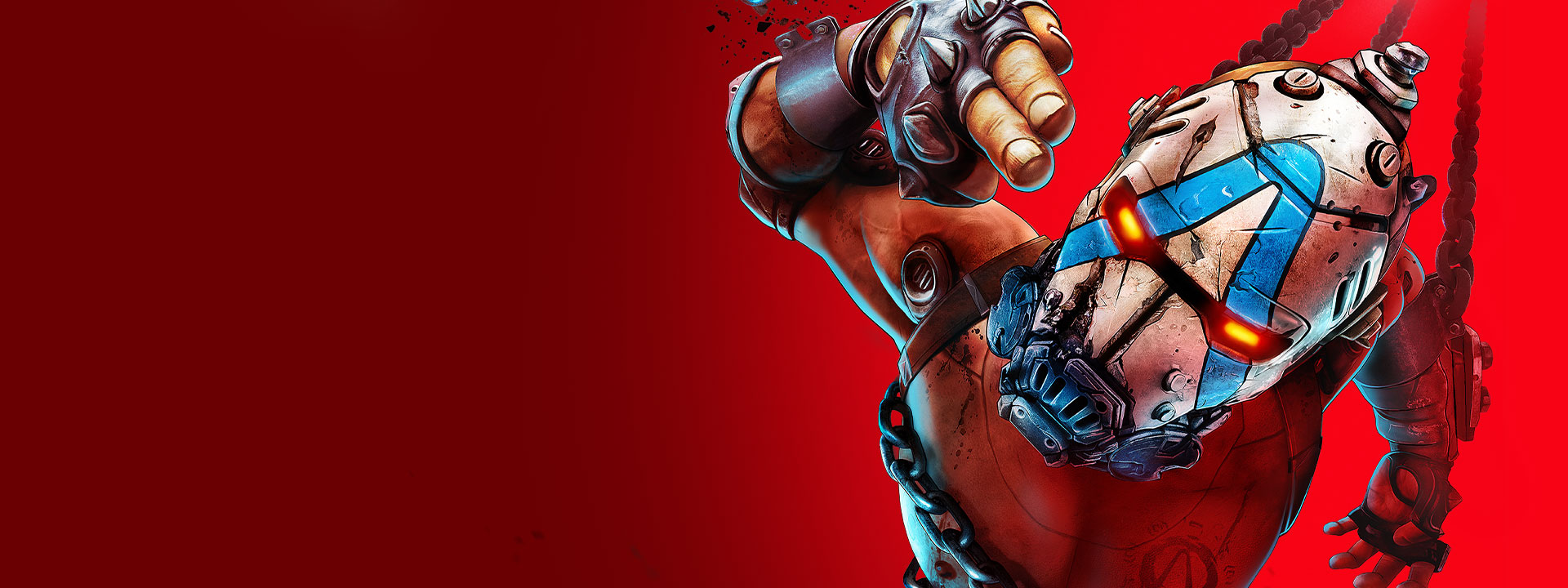 A chained-up Borderlands Psycho makes a gun pose with his right hand against a bright red background.