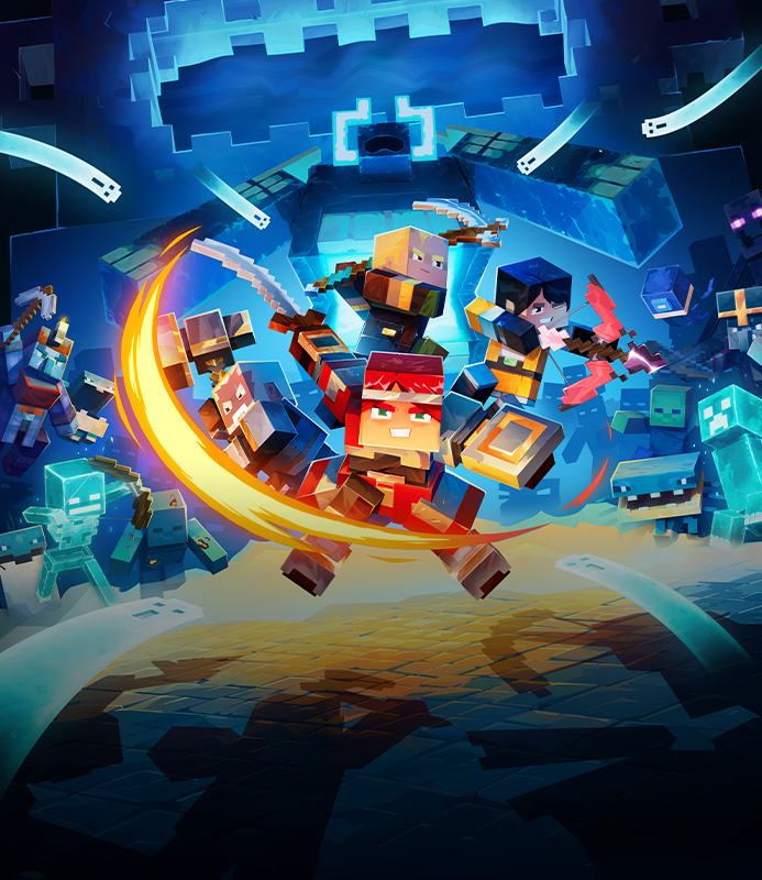 Minecraft Dungeons II, une équipe de héros affronte des ennemis dans un monde fantastique animé et en blocs.