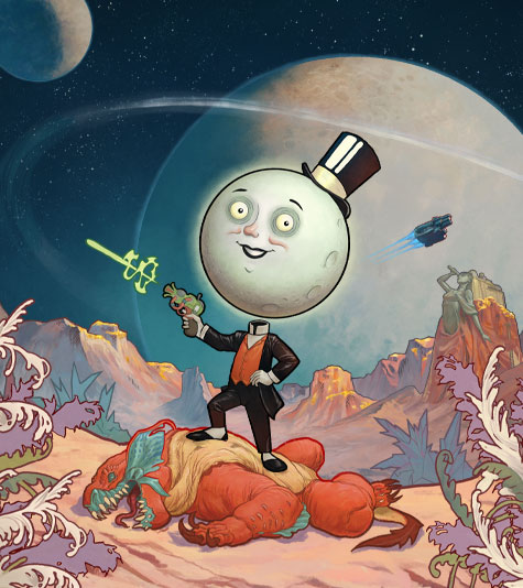 The Moon man standing on a monster while shooting a laser with large planets orbiting in the background. 