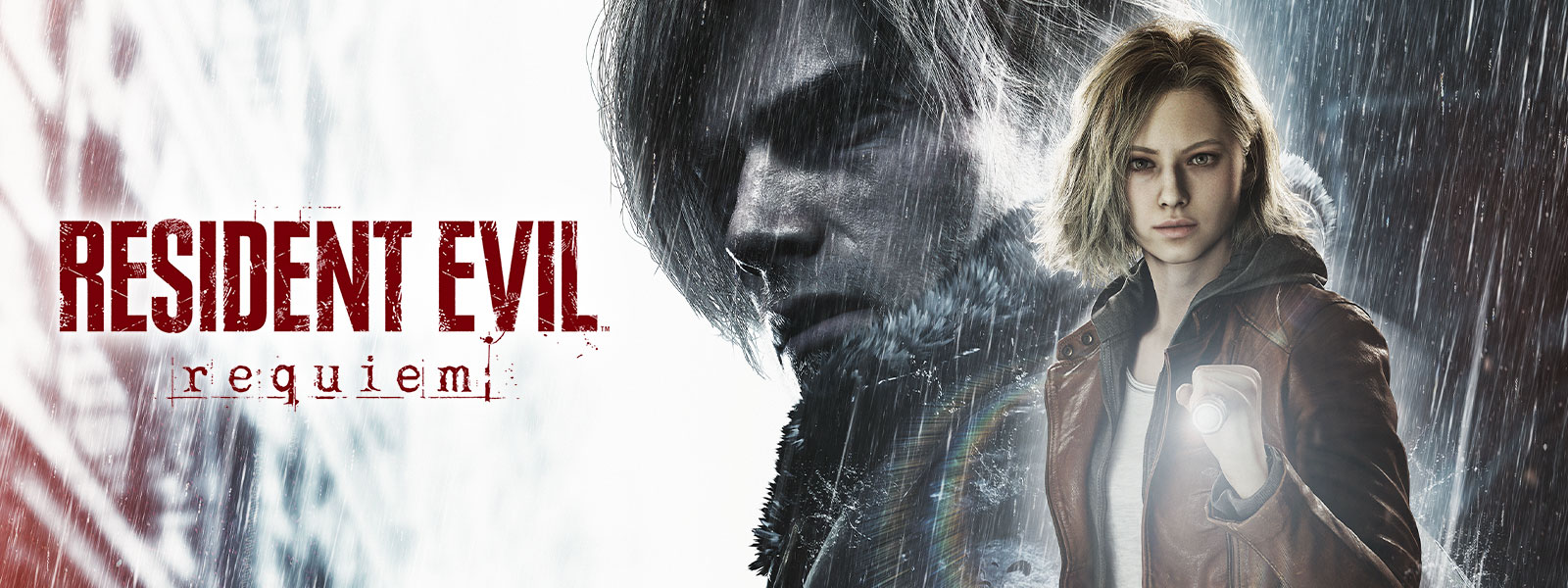 Logotipo de Resident Evil Requiem, Grace Ashcroft, que lleva puesto una chaqueta de piel marrón con capucha sujeta una linterna con un primer plano de Leon con un abrigo forrado en piel detrás de ella.